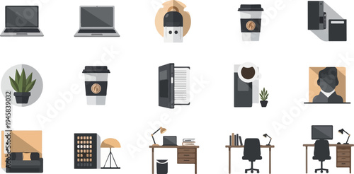 Office workspace icons laptops, coffee, desk, plants, and seating