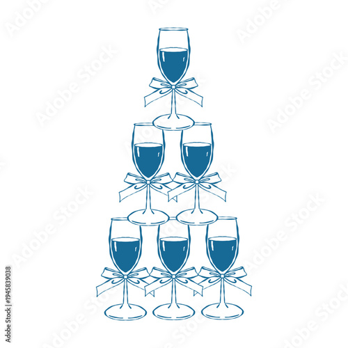 An elegant hand-drawn champagne tower with whimsical bows. Martini pyramid. Isolated vector blue outline illustration. Festive alcoholic drinks