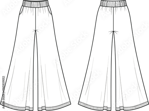 Women High Waisted Wide Leg Pants Technical Sketch With Elastic Waistband Side Pockets And Hem Detail CAD Drawing Flat Vector Illustration