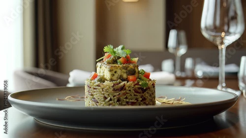 Gourmet Indian Paneer Biryani Plated Dish