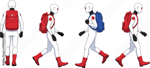 Human walking cycle animation with backpack character front side back views motion sequence vector illustration isolated modern figure movement reference