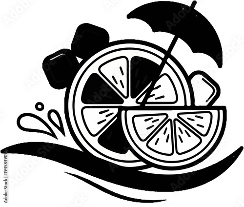 Refreshing summer beverage with citrus slices, ice, and a playful umbrella