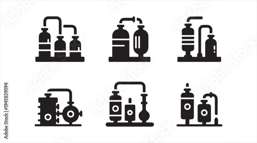 Industrial factory machinery icon set, manufacturing production equipment symbols