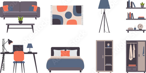 Flat illustration of contemporary home furnishings in muted colors