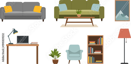 Cozy home interior with furniture, desk, and decorative items