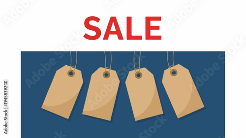 Red word SALE above four hanging blank brown tags on blue background