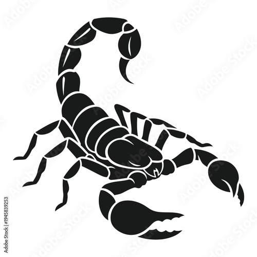 Black and white stylized illustration of a scorpion with segmented body and curved tail