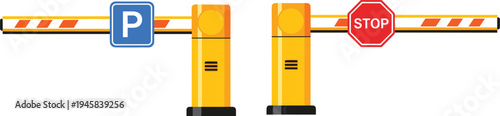 Parking barrier gate system with stop sign and parking symbol, automated vehicle access control illustration for parking lot security and entry management