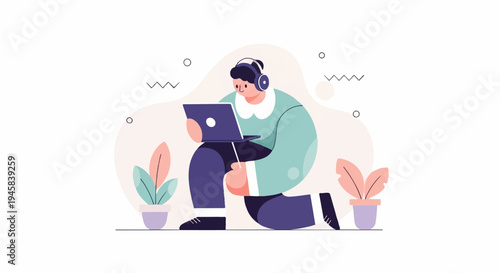 Person wearing headphones and using a laptop amidst plants