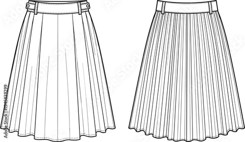 Women High Waisted Pleated Midi Skirt Technical Sketch with Belted Waistband Front and Back Views CAD Drawing Flat Vector Illustration