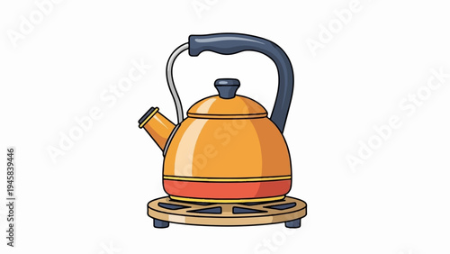 Whimsical orange kettle with a dark handle sits on a wooden base