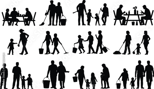 Family silhouette collage, parents children bonding daily routines activities flat vectorFamily silhouette collage, parents children bonding daily routines activities 