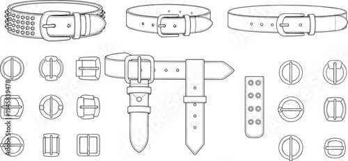 Belt Buckle and Strap Collection Set with Studded Leather Accessories CAD Drawing Flat Vector Illustration for Fashion Design Technical Pack Development