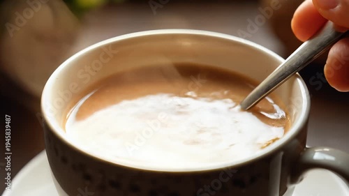 Stirring hot Indian chai tea in a ceramic mug