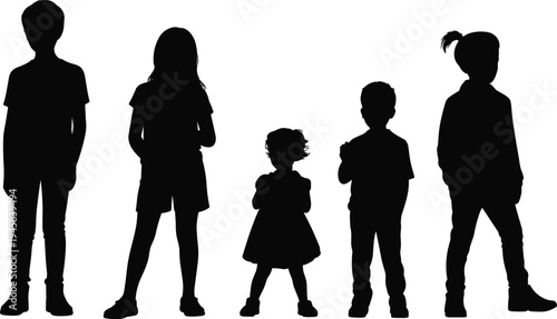 Set of children silhouettes standing in different poses, boys and girls full body vector collection isolated on white for childhood, education and character design