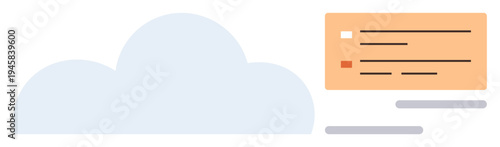 Cloud storage, web hosting, data management, network security, information sharing, IT solutions. Cloud shape alongside a data interface panel. Cloud storage and web hosting concept