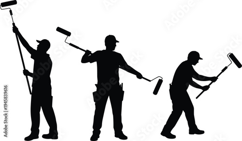 Set of house painter worker silhouettes using paint rollers in different poses, professional painting service workers isolated vector illustration for renovation and construction design