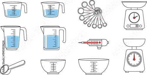 Set of kitchen measuring tool icons featuring measuring cups spoons scales and a thermometer in clean line art style for cooking and baking design.