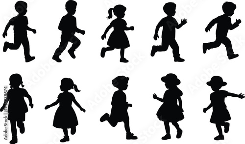 Set of running children silhouettes in different poses, boys and girls running and playing isolated vector collection for childhood activity, school and playground design