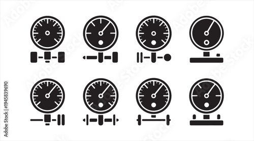 Round wall clock icons with different stands, timekeeping symbol vector set