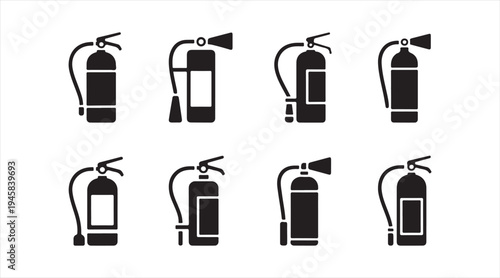 Fire extinguisher silhouette icon set, emergency firefighting safety equipment symbols
