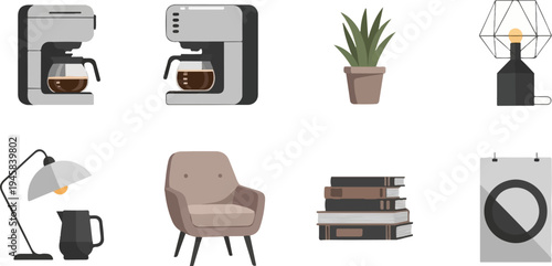 Collection of home decor and appliance icons coffee makers, plants, lamps, chair, books, calendar