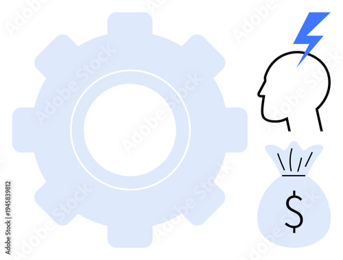 Innovation, finance, productivity, brainstorming, problem-solving, creativity. Gear, lightning bolt over head money bag icon. Innovation and finance concept with productivity and brainstorming