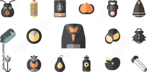 Flat design icons ant, battery, pumpkin, jacket, avocado, flower, fruit, nuts,