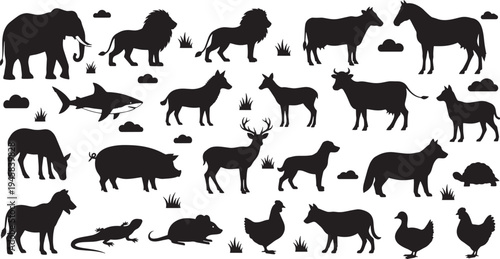 Expansive Collection of Black Silhouette Animals, Highlighting the Vast Diversity of the Animal Kingdom from Wild Beasts to Farm Creatures in a Stylized Vector Design