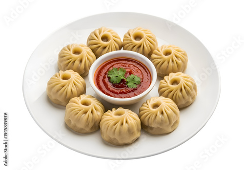 Authentic Steamed Momos with Spicy Dipping Sauce on white background , Isolated on Transparent Background, PNG, Generative AI 
