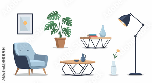 Minimalist interior scene with chair, plant, tables, lamp and artwork