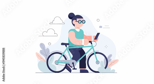 Person with glasses riding a bicycle and using a phone outdoors