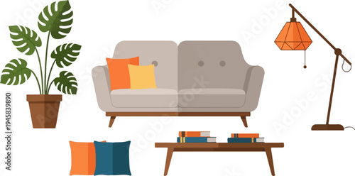 Cozy living room scene with sofa, plant, lamp, coffee table, and pillows