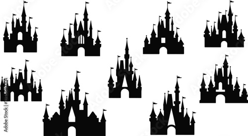 Medieval castle silhouette icons, fantasy fortress towers, fairy tale flat vector
