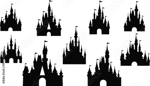 Fantasy castle silhouette collection, fairy tale towers, medieval fortress flat vector