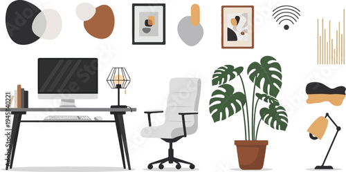 Modern home office setup with a computer, chair, desk, and plant