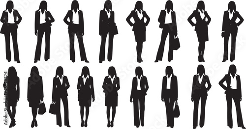 Diverse silhouettes of professional businesswomen showcasing various poses and styles, ideal for corporate designs, representing female empowerment and leadership in a modern workplace setting