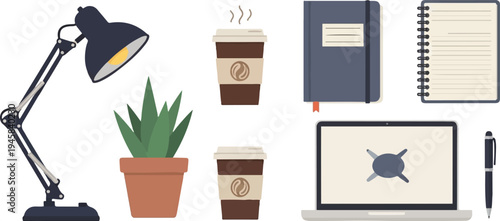 Desk essentials lamp, plants, coffee, laptop, notebooks, pen
