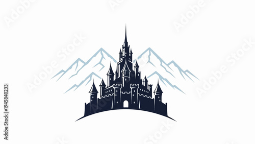 Dark castle silhouetted against snow-capped mountains under a white sky