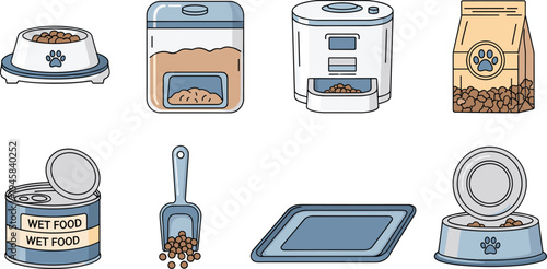 Set of pet feeding accessory icons featuring automatic feeders bowls dry food bags and wet food cans in colorful cartoon style for animal care design.