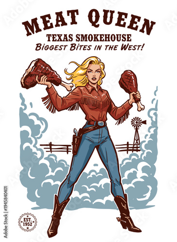 Texas BBQ Queen holding smoked meat perfection, retro pin-up woman chef illustration with star, vintage comic style vector.