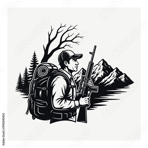 Hiker with backpack and rifle exploring snowy mountain landscape during outdoor adventure