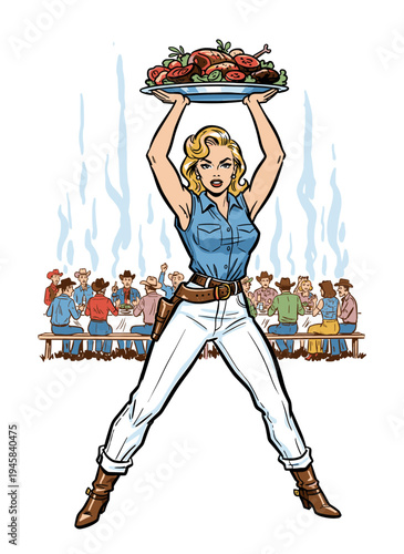 Smoke Queen big flavor retro comic vector illustration with cowgirl standing by barbecue smoker in desert, perfect for BBQ events.