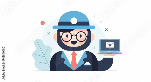 Flat illustration of a smiling man in a hat holding a laptop