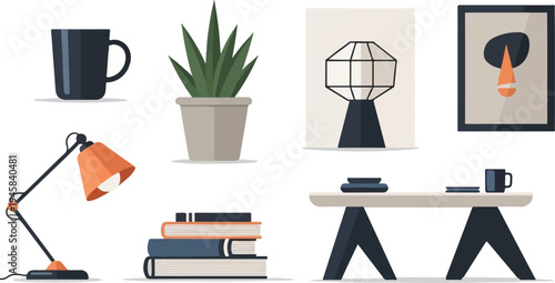 Minimalist desk setup with lamp, books, plant, mug, and abstract art
