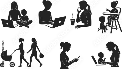 Vector Silhouette Set of Working Mothers Balancing Professional Life and Childcare Featuring Woman with Laptop and Baby