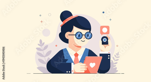 Flat illustration of person in suit using digital devices, digital marketing