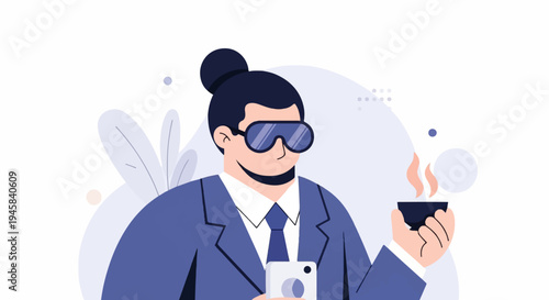 Man in suit with glasses, holding a phone and a cup of steaming drink