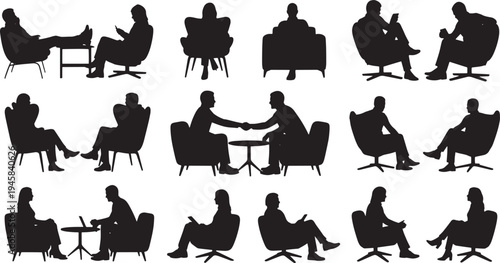 Diverse graphic silhouettes of people in various business and social interactions, including meetings, conversations, and personal reflection, perfect for conceptual design projects