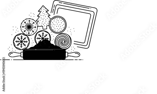 Christmas baking items with rolling pin and outline of a baking sheet